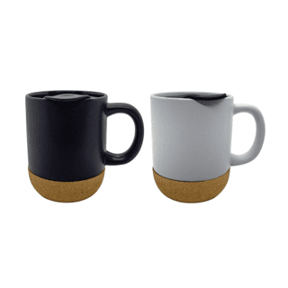 MUG CERAMICA OVALADO CON TAPA Y BASE DE CORCHO